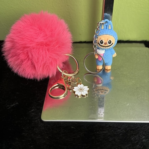 Fashion Blue Keychain Toy & Pink PomPom With Flower Charm-#1 - Picture 2 of 11